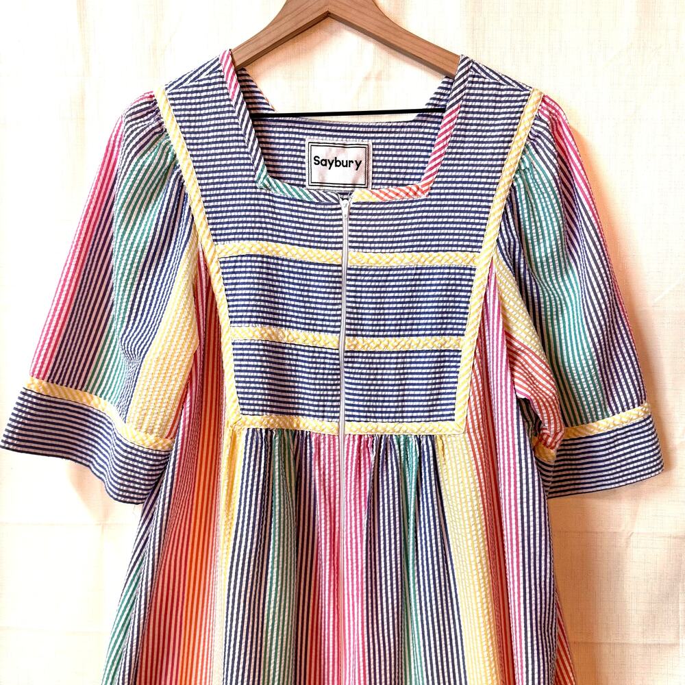 Seersucker House Dress Nightgown Size Rainbow Stripes Summer Lightweight - Picture 2 of 10